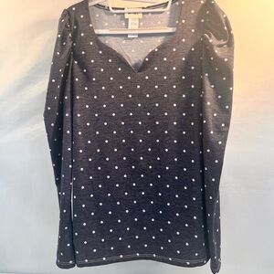 BiBi Chic Navy White Polka Dot  Long Sleeve Top Sweetheart Neckline Sz Sm NWOT